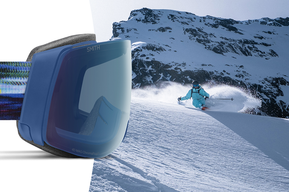 4D MAG Goggles Birdseye Vision feature with Skier and goggles overlayed to show the contour of the lens